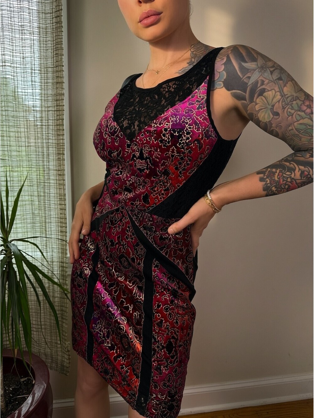 Ecote Black Lace Tapestry Bodycon Mini Dress Red Pink Boho